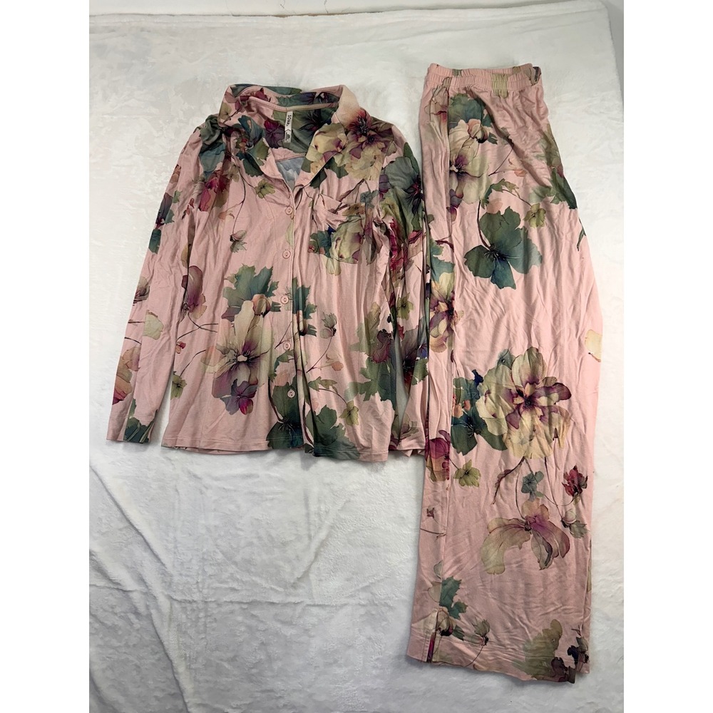 Soma Cool Nights Pajama Set Small Pink Floral Long Sleeve Wide Leg Women